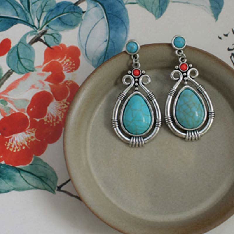 Tibet Vintage Turquoise Waterdrop Strength Drop Dangle Earrings Clips - image 8