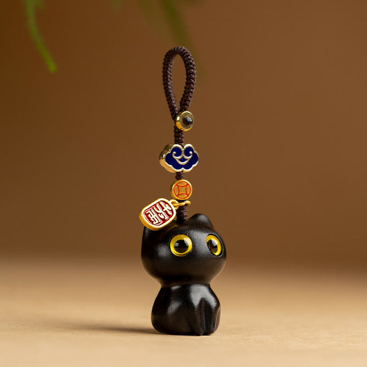 Buddha Stones Small Leaf Red Sandalwood Ebony Wood Lucky Cat Protection Key Chain Phone Hanging Decoration - Ebony Cat - Key Chain - image 8