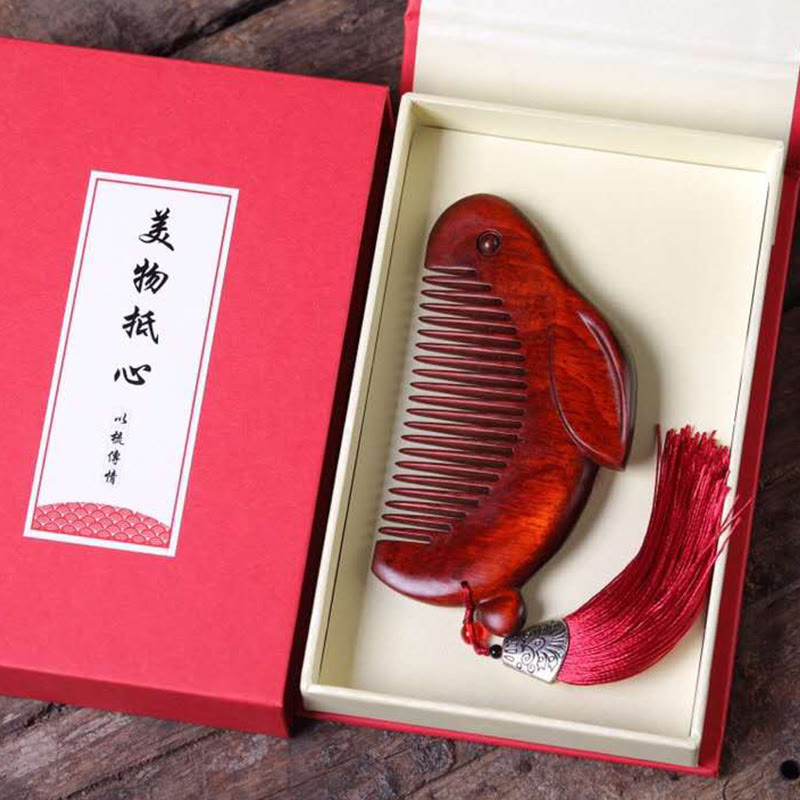 Small Leaf Red Sandalwood Cute Bunny Rabbit Sooth Comb With Gift Box - image 1