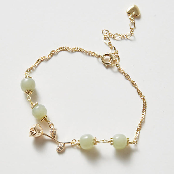 Buddha Stones 14K Gold Plated Hetian Jade Golden Rose Flower Luck Chain Bracelet - image 2