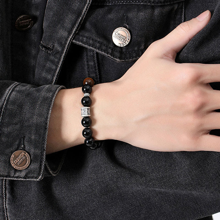Buddha Stones 999 Sterling Silver Black Obsidian Tiger Eye Om Mani Padme Hum Fulfillment Bracelet - image 7
