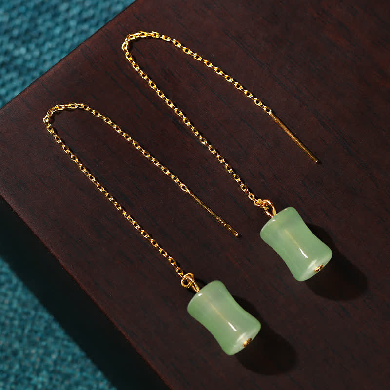 Buddha Stones Jade Bamboo Pattern Luck Drop Earrings - image 1