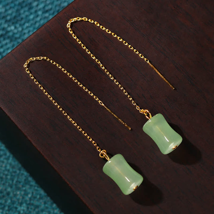 Buddha Stones Jade Bamboo Pattern Luck Drop Earrings - image 1