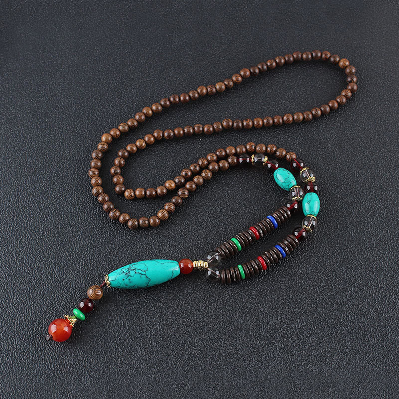 Buddha Stones Wenge Wood Turquoise Stone Protection Calm Necklace Pendant - Turquoise Wenge Wood - image 0