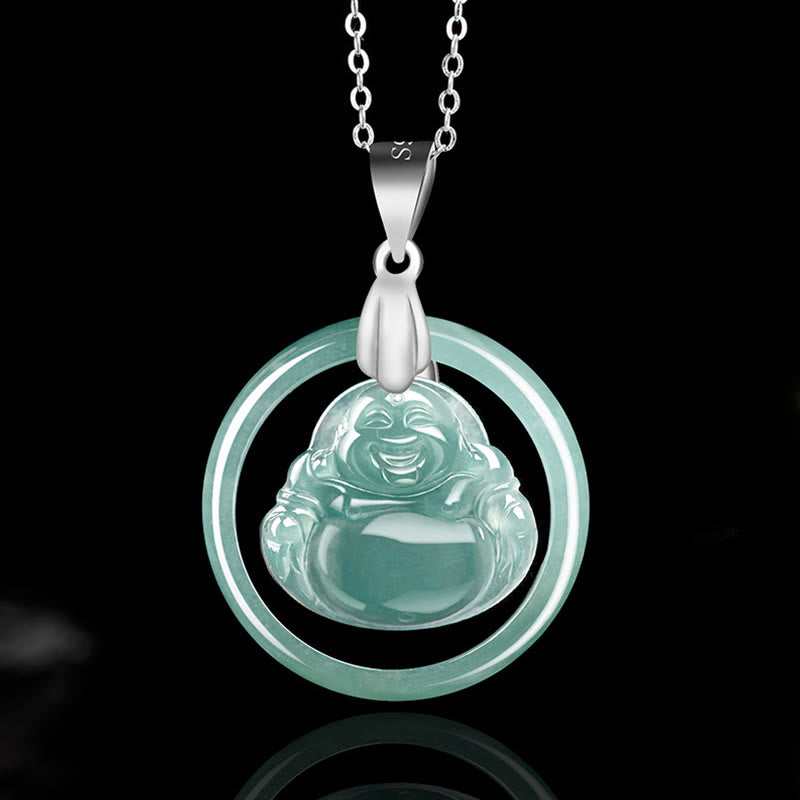 Buddha Stones 925 Sterling Silver Natural Jade Round Laughing Buddha Abundance Chain Necklace Pendant - Laughing Buddha(Happiness♥Wealth) - image 0