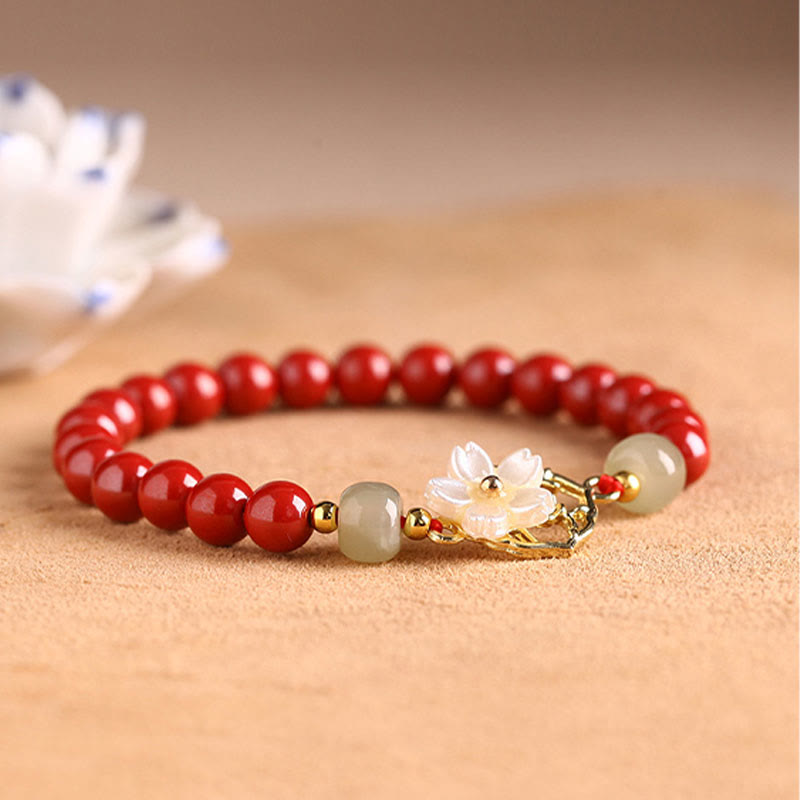 Buddha Stones Natural Cinnabar Jade Beaded Tridacna Stone Flower Blessing Bracelet - image 10