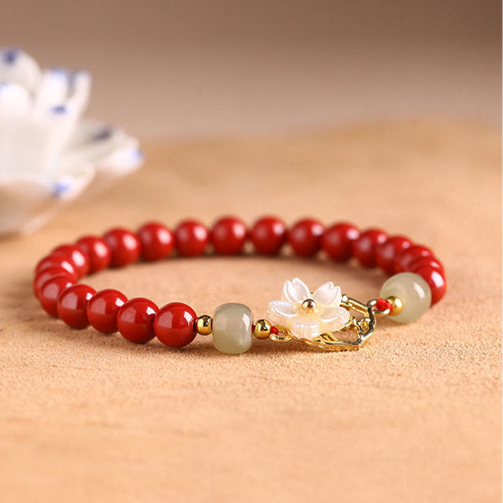 Buddha Stones Natural Cinnabar Jade Beaded Tridacna Stone Flower Blessing Bracelet - image 10