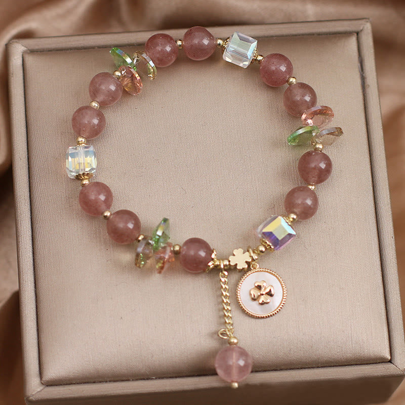 Buddha Stones Strawberry Quartz Lucky Four Leaf Clover Healing Charm Bracelet - image 2