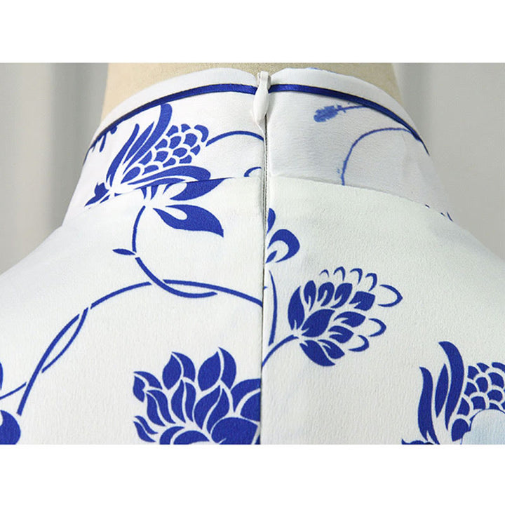 Buddha Stones Blue And White Porcelain Color Peony Flower Pattern Cheongsam Dress Women's Qipao Dress - image 10