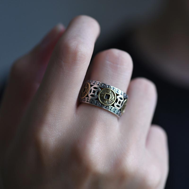 Buddha Stones Five-Emperor Coins Balance Adjustable Ring - image 6