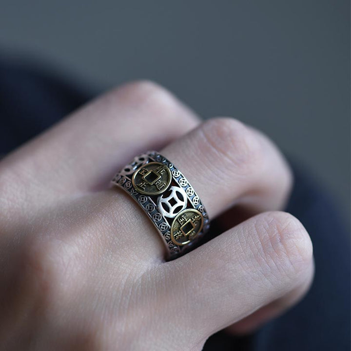 Buddha Stones Five-Emperor Coins Balance Adjustable Ring - image 7