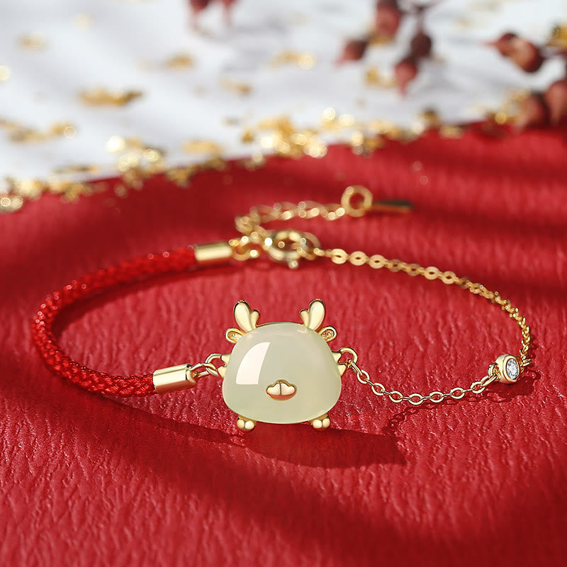 Buddha Stones 925 Sterling Silver Year of the Dragon Natural Hetian Jade Red Agate Cute Dragon Protection Success Bracelet Necklace Pendant Earrings - Dragon Red String Chain Bracelet - Hetian Jade(Prosperity♥Abundance) - image 0