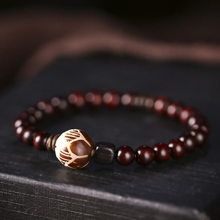 Buddha Stones Small Leaf Red Sandalwood Lotus Bodhi Seed Carved Protection Double Wrap Bracelet - image 8