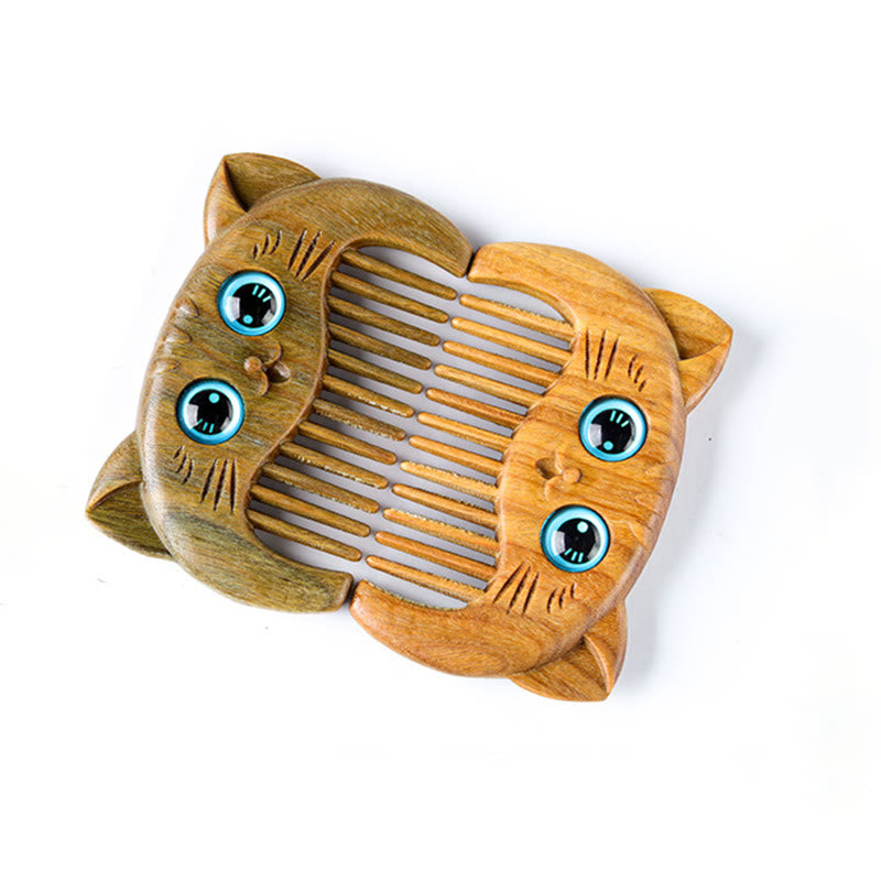 Buddha Stones Simple Cat Pattern Green Sandalwood Cure Portable Comb - image 8