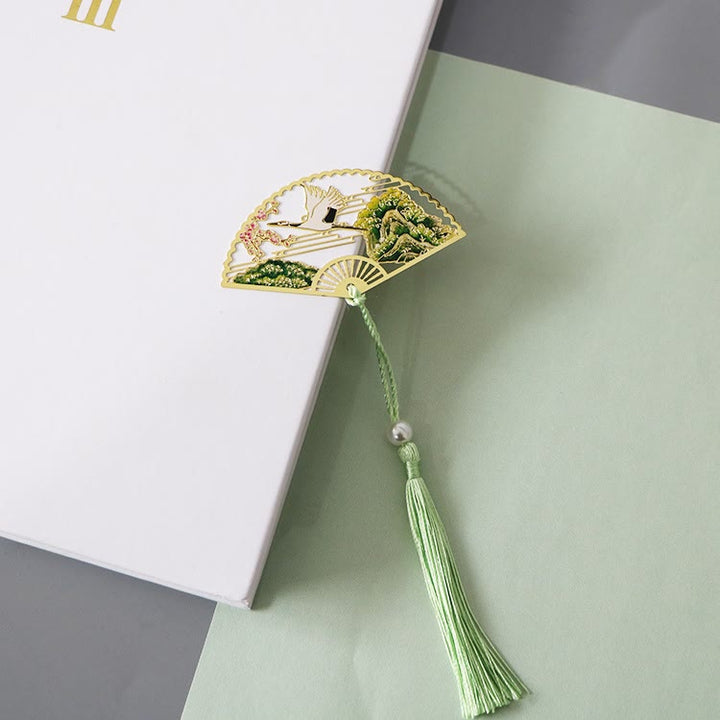 Buddha Stones Traditional Butterfly Lotus Flower Crane Dragon Phoenix Fox Koi Fish New Beginning Metal Brass Hollow Fan Bookmarks - Crane Plum Flower - image 2