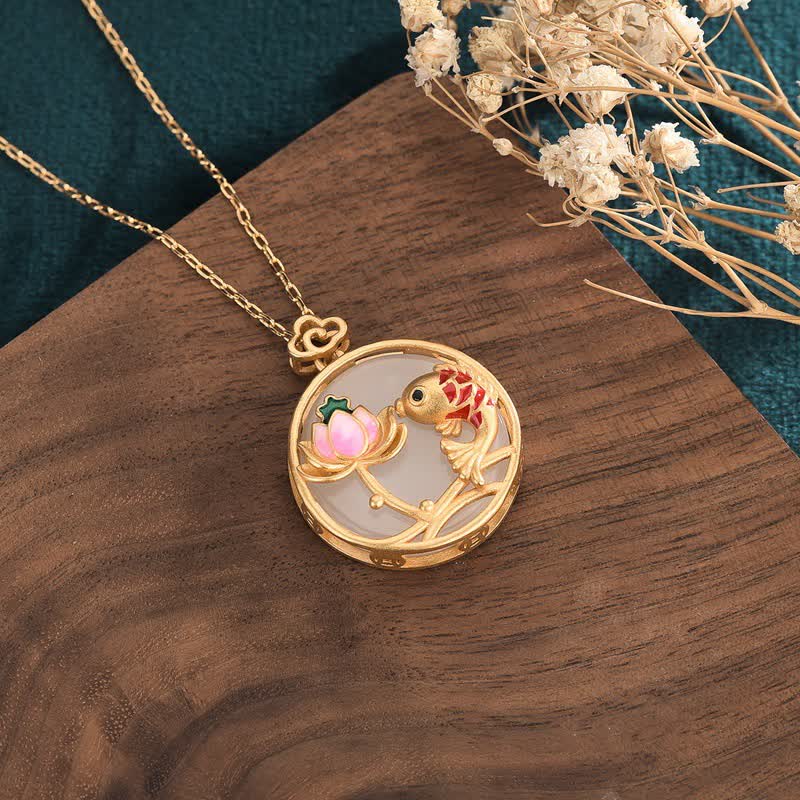Buddha Stones White Jade Koi Fish Lotus Blessing Necklace Pendant - image 1