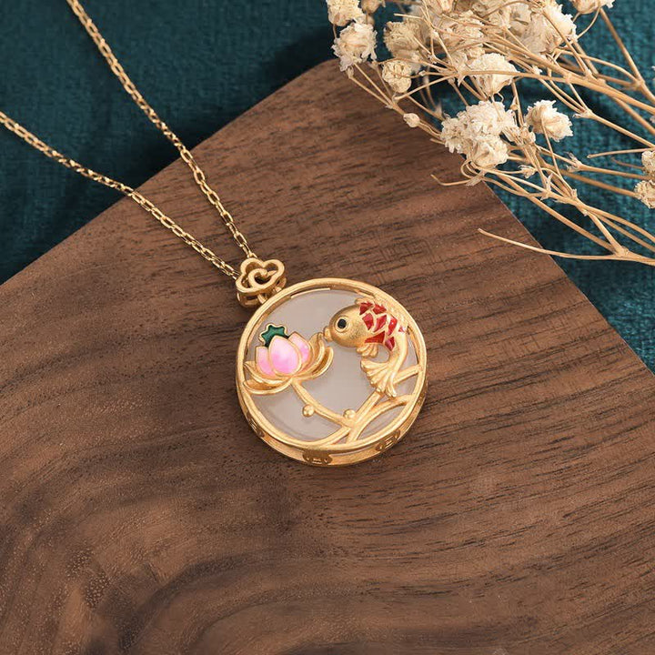 Buddha Stones White Jade Koi Fish Lotus Blessing Necklace Pendant - image 1