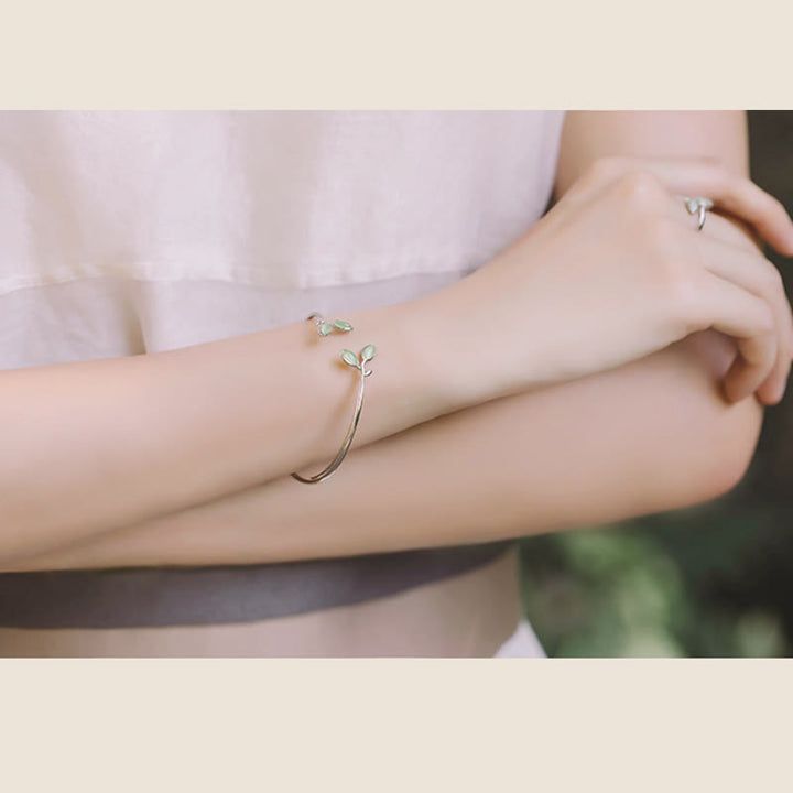 Buddha Stones Leaf Pattern Cat Eye Support Cuff Bracelet Bangle - image 0