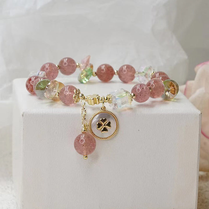 Buddha Stones Strawberry Quartz Lucky Four Leaf Clover Healing Charm Bracelet - image 8
