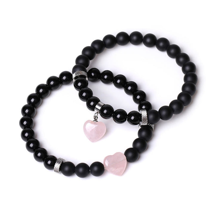Buddha Stones 2Pcs Black Onyx Crystal Stone Love Heart Protection Support Couple Bracelet - Black Onyx&Pink Crystal - image 8