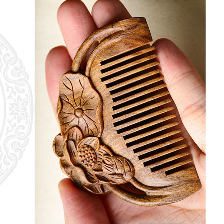 Natural Green Sandalwood Lotus Flower Leaf Engraved Soothing Comb - image 10