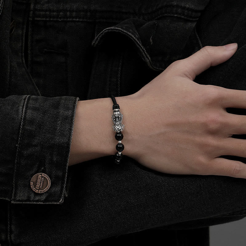 Buddha Stones 999 Sterling Silver FengShui PiXiu Natural Black Obsidian 925 Sterling Silver Bead Strength Bracelet - image 2