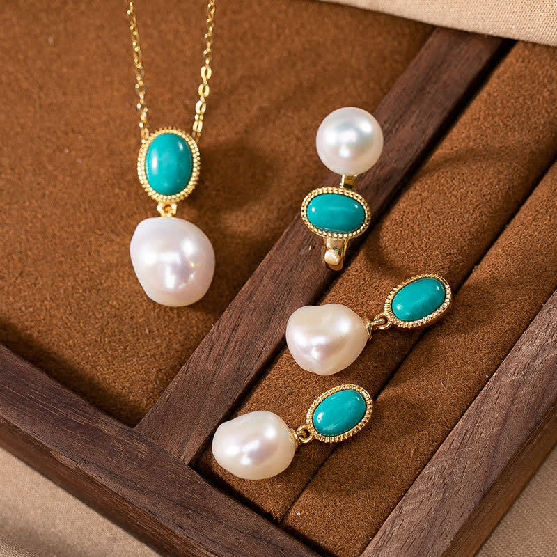 Buddha Stones 925 Sterling Silver Pearl Turquoise Healing Ring Earrings Necklace Pendant - Set (Necklace+Earrings+Ring) - image 0