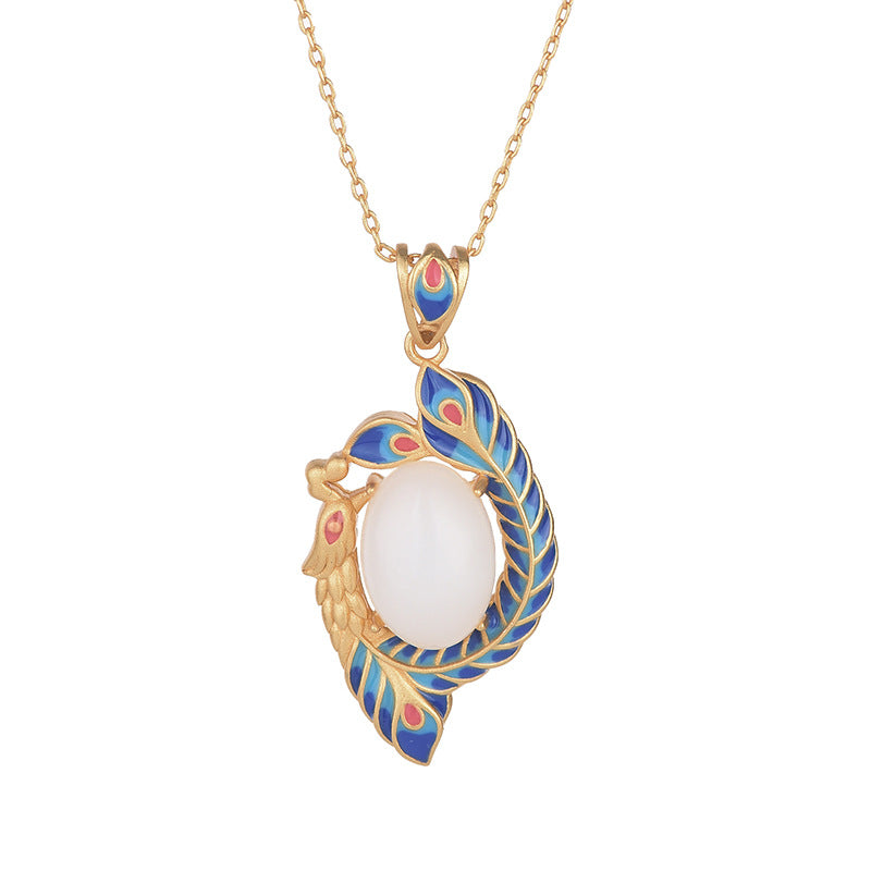 White Jade Peacock Copper Blessing Necklace Pendant - image 4