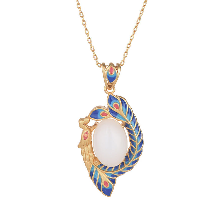 White Jade Peacock Copper Blessing Necklace Pendant - image 4