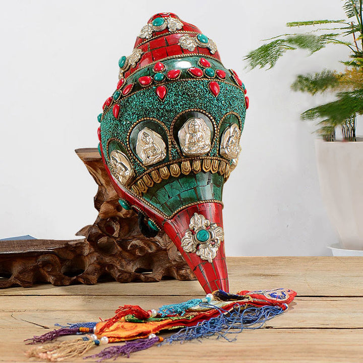 Tibetan Handmade Shankha Om Mani Padme Hum Buddha Avalokitesvara Turquoise Conch Shell Positive Decoration - image 0