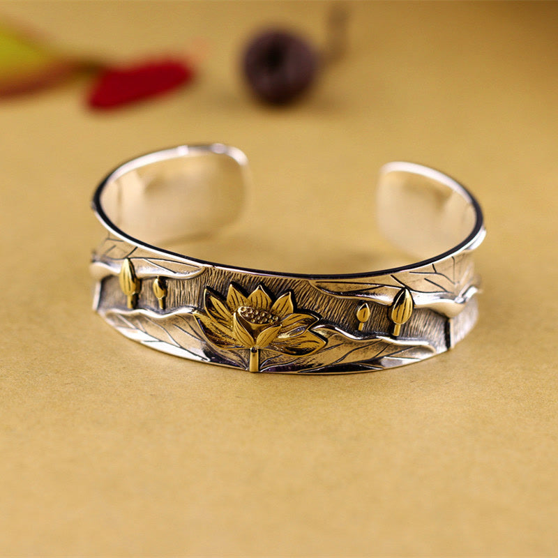 Buddha Stones 925 Sterling Silver Lotus Flower Calm Bracelet Adjustable Bangle - image 7