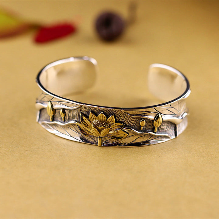 Buddha Stones 925 Sterling Silver Lotus Flower Calm Bracelet Adjustable Bangle - image 7