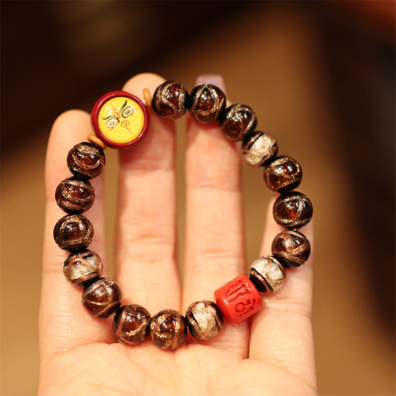 Buddha Stones Tibetan Gold Swallowing Beast Family Five God Of Wealth Thangka Fortune Bead Bracelet - Brown White-Yellow God Of Wealth - image 11