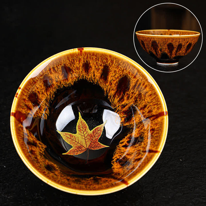 Buddha Stones Maple Leaf Colorful Ceramic Teacup Home Tea Cups - 9.5cm*4.5cm*110ml - Yellow - image 12