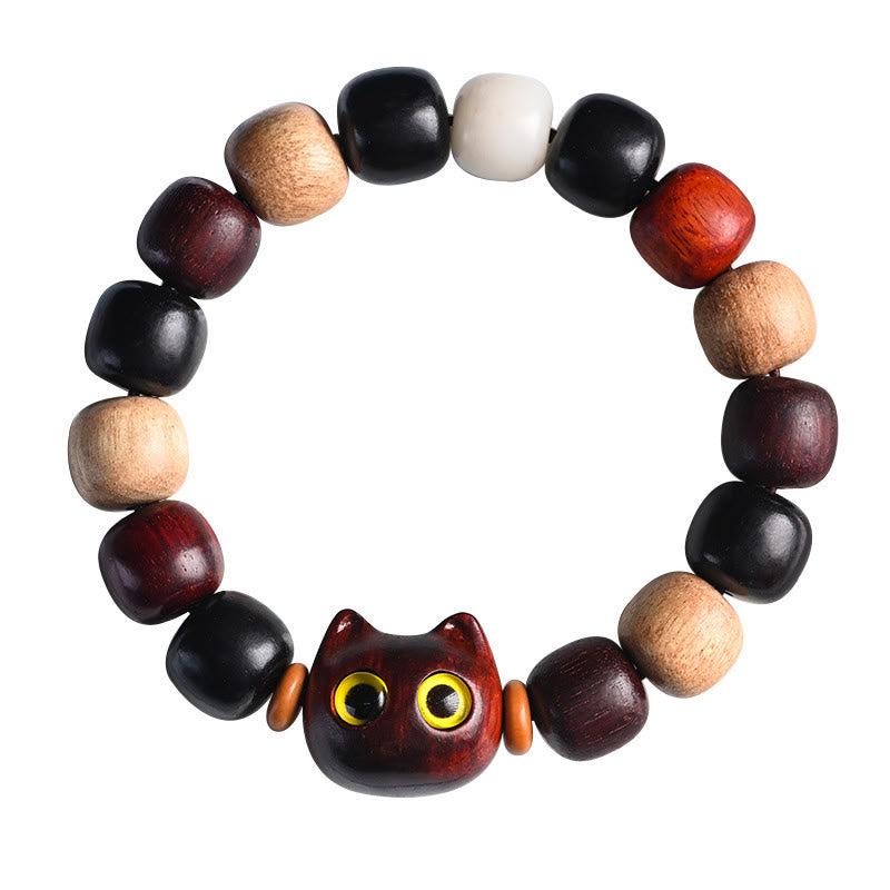 Buddha Stones Small Leaf Red Sandalwood Ebony Wood Cute Cat Engraved Protection Bracelet - image 22
