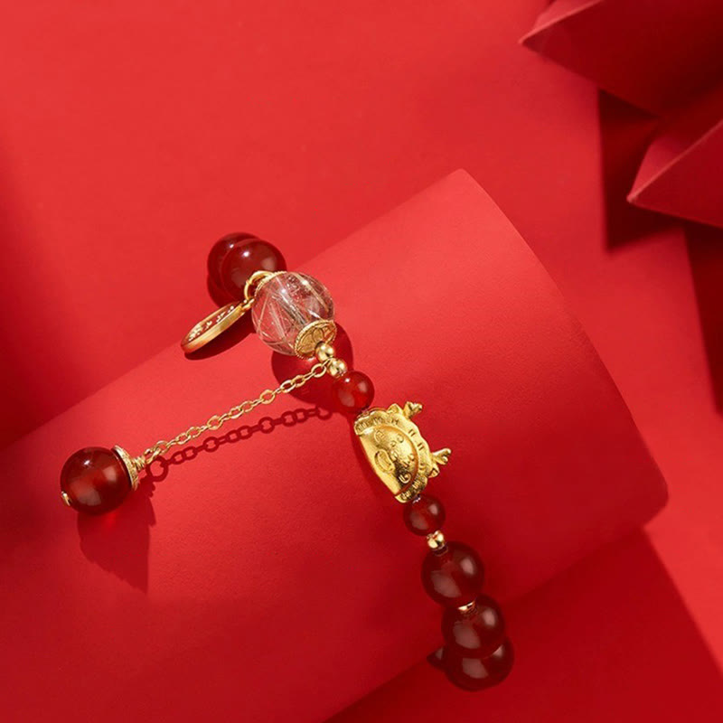 Buddha Stones Year of the Dragon Dumpling Natural Red Agate Garnet Hetian Jade Fu Character Luck Success Bracelet - image 1