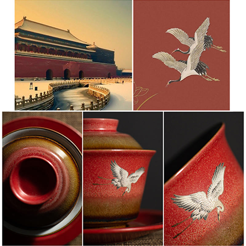Buddha Stones Red Auspicious Crane Ceramic Gaiwan Sancai Teacup Kung Fu Tea Cup And Saucer With Lid - image 12