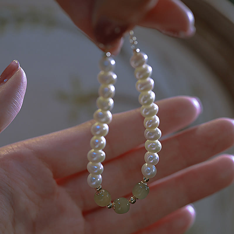 Buddha Stones 14K Gold Plated Natural Pearl Hetian Cyan Jade White Jade Sincerity Bead Chain Bracelet - image 2