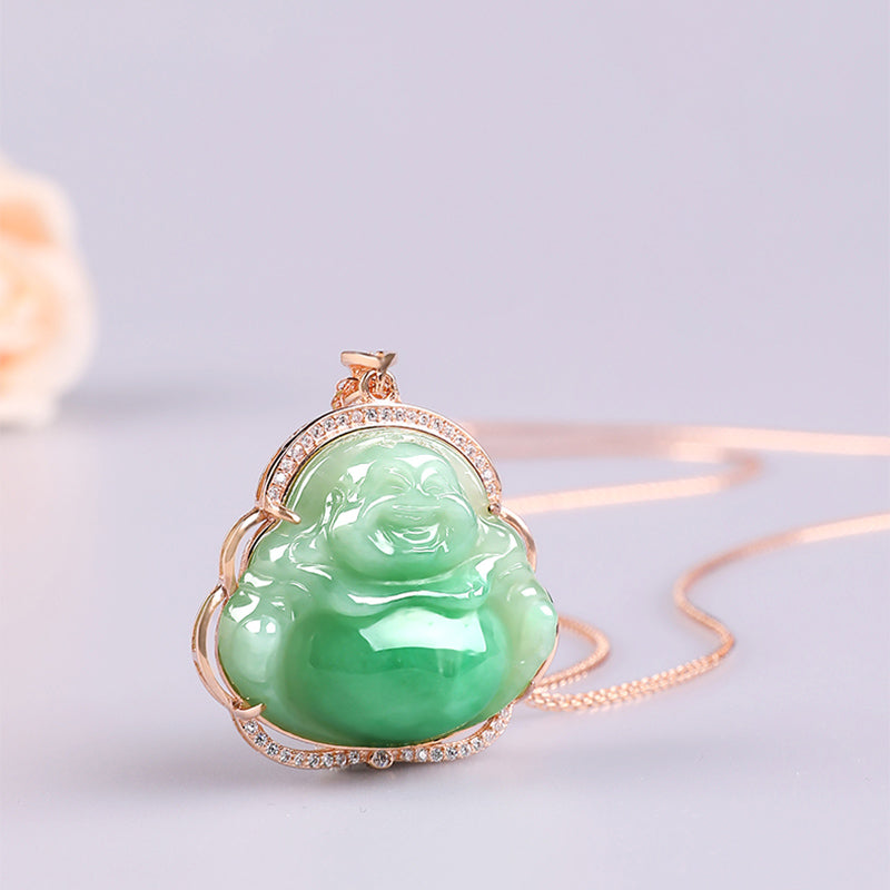 925 Sterling Silver Laughing Buddha Natural Jade Prosperity Necklace Chain Pendant - Peachpuff - image 0