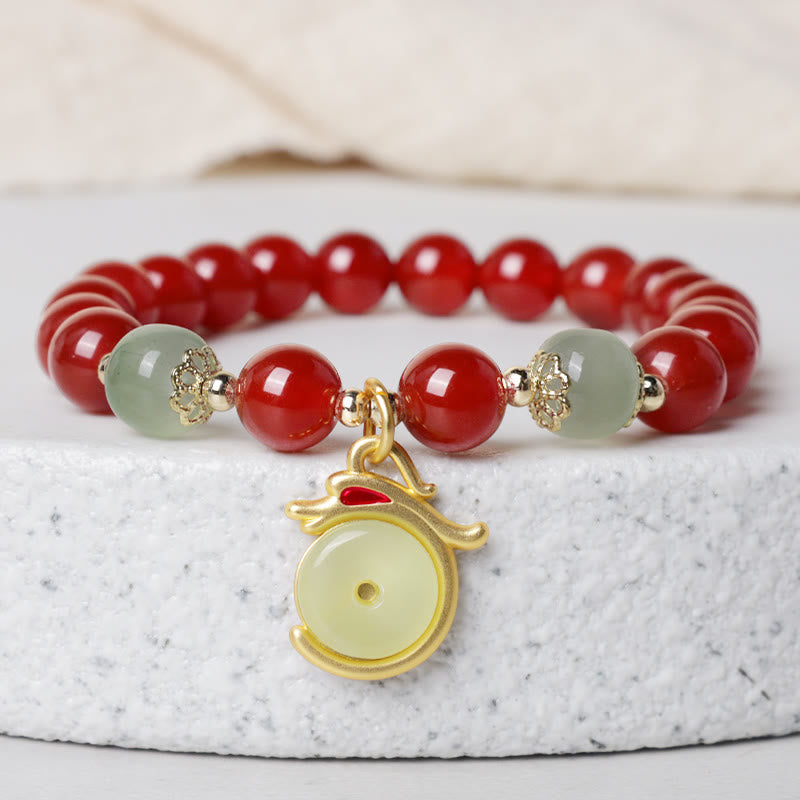 Buddha Stones Year of the Dragon Red Agate Jade Peace Buckle Fu Character Success Bracelet - Red Agate Dragon Jade Peace Buckle(Wrist Circumference 14-16cm) - image 0