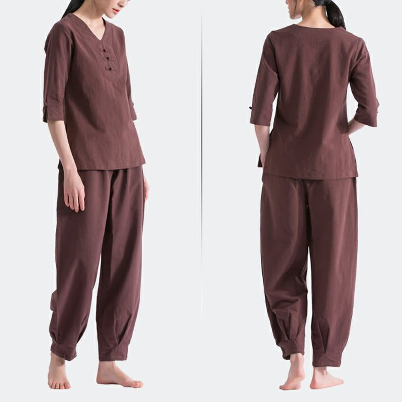 Buddha Stones Yoga Meditation Prayer V-neck Design Cotton Linen Clothing Uniform Zen Practice Women's Set - image 7