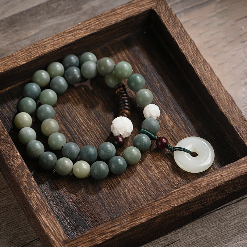Buddha Stones Cyan Bodhi Seed Lotus Jade Peace Buckle Wisdom Double Wrap Bracelet - Cyan Bodhi Seed - image 0