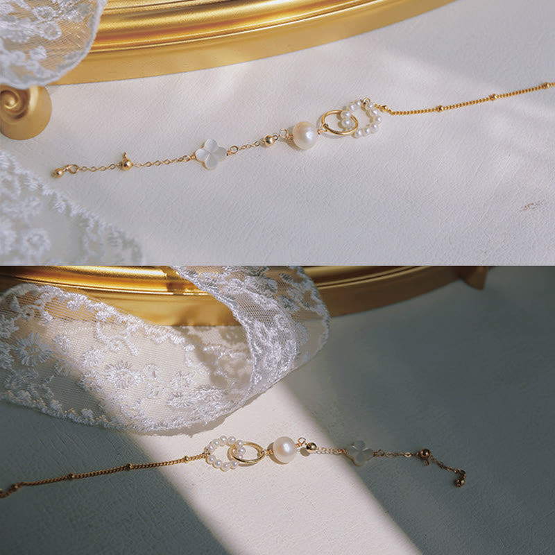 Buddha Stones 14K Gold Plated Pearl Double Peace Buckle Healing Chain Bracelet - image 5