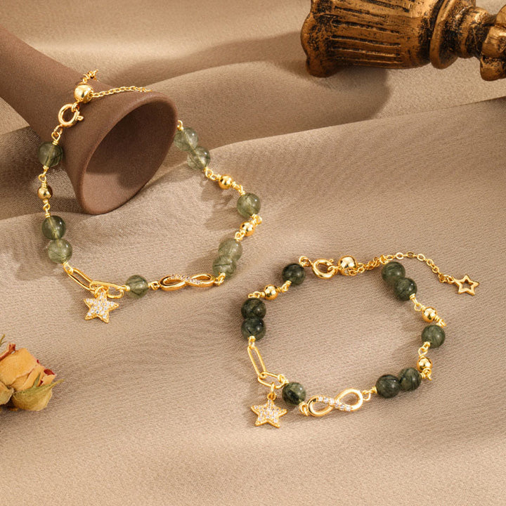 Buddha Stones 14K Gold Green Rutilated Quartz Möbius Loop Eternal Love Star Protection Bracelet - image 1