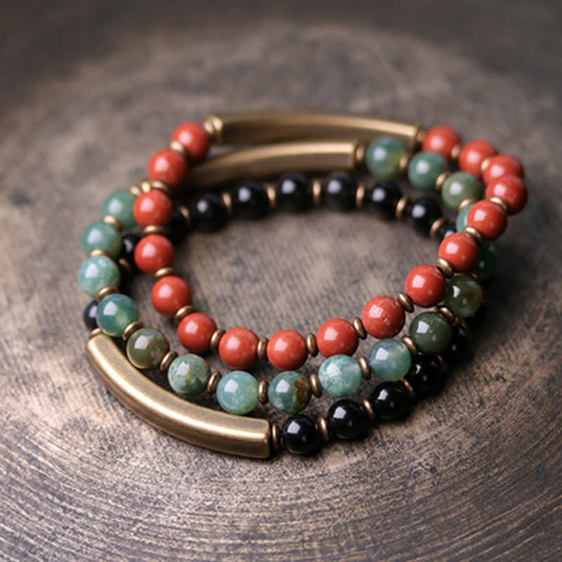 Buddha Stones Red Jasper Moss Agate Black Obsidian Crystal Copper Peace Couple Bracelet - image 14