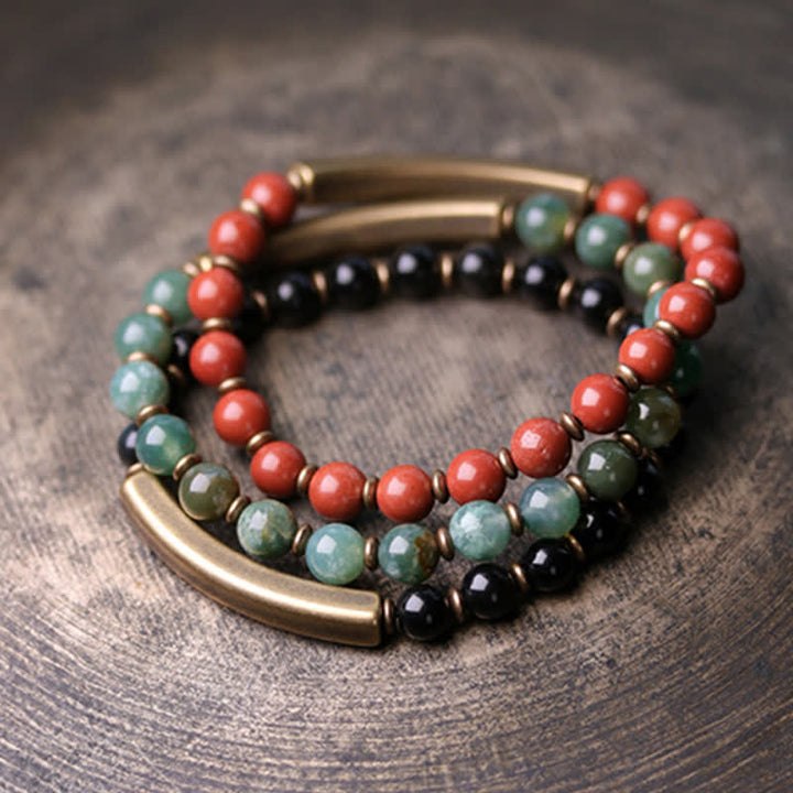 Buddha Stones Red Jasper Moss Agate Black Obsidian Crystal Copper Peace Couple Bracelet - image 14