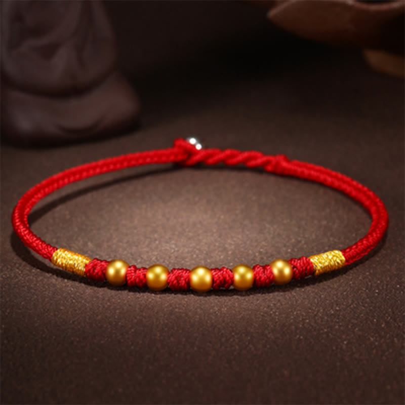 Buddha Stones 999 Gold Beads Luck King Kong Knot Handmade Braided Protection Bracelet - Five Gold Beads - Red Rope - 24cm - image 13