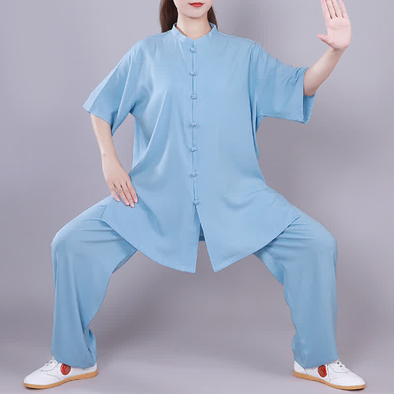 Buddha Stones Tai Chi Qigong Meditation Prayer Spiritual Zen Practice Unisex Cotton Linen Clothing Set - Blue - Short Sleeve - US14，UK/AU18，EU46 (3XL)  - image 13