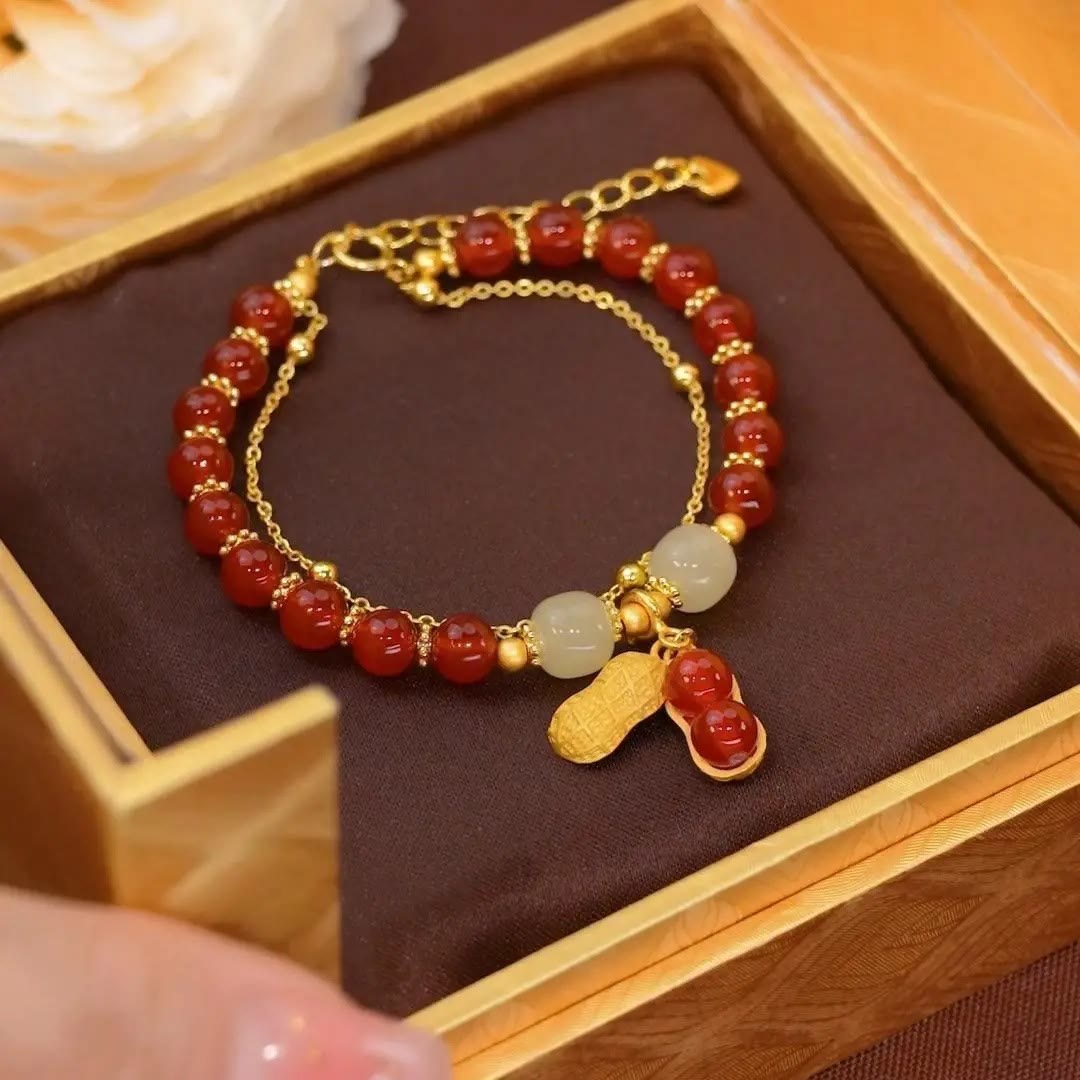 Buddha Stones Jade Leaf Ginkgo Tulip Peanut Fu Character Luck Beaded Bracelet - Red Bead&Peanut - image 19