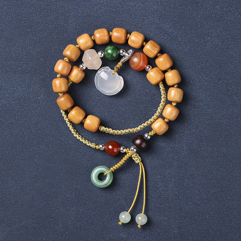 Buddha Stones Green Sandalwood Chalcedony Peace Buckle Charm Soothing Double Wrap Bracelet - image 1